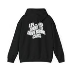 Black pullover back print hoodie with large slogan text on the back
