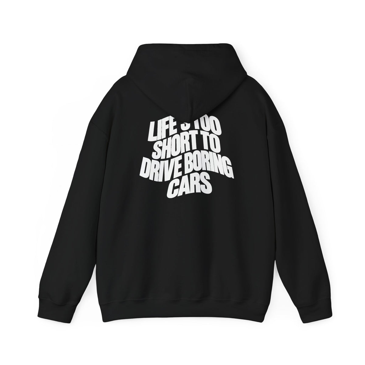 Black pullover back print hoodie with large slogan text on the back