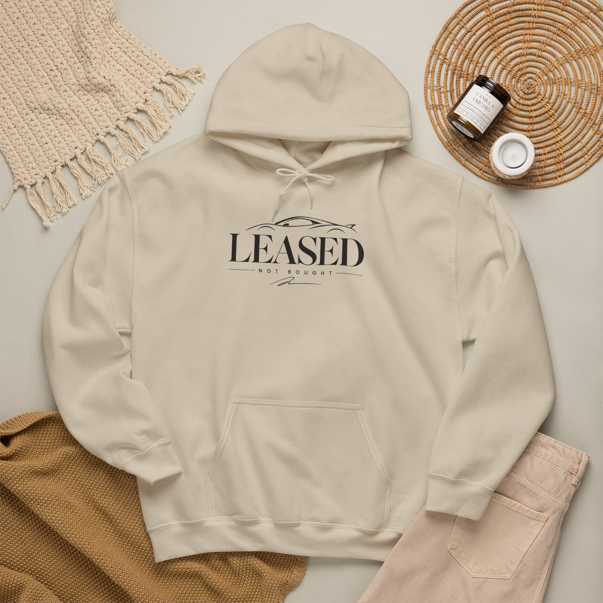 Sand hoodie with 'LEASED' chest logo, drawstring hood, and front kangaroo pocket.