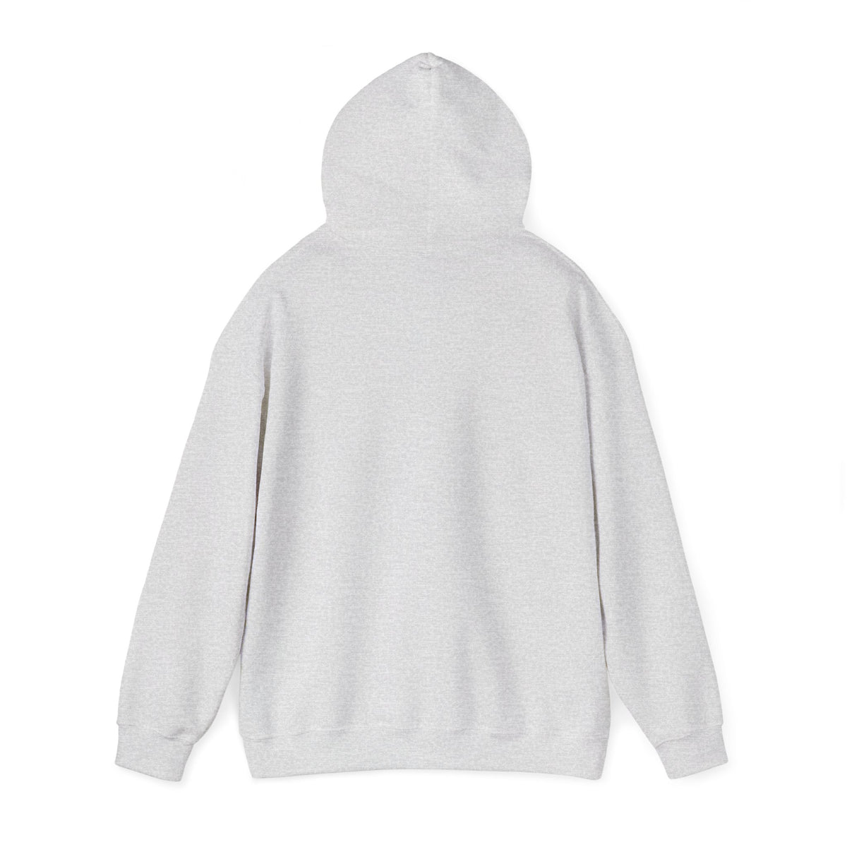 Heather ash pullover hoodie with hood and back view.