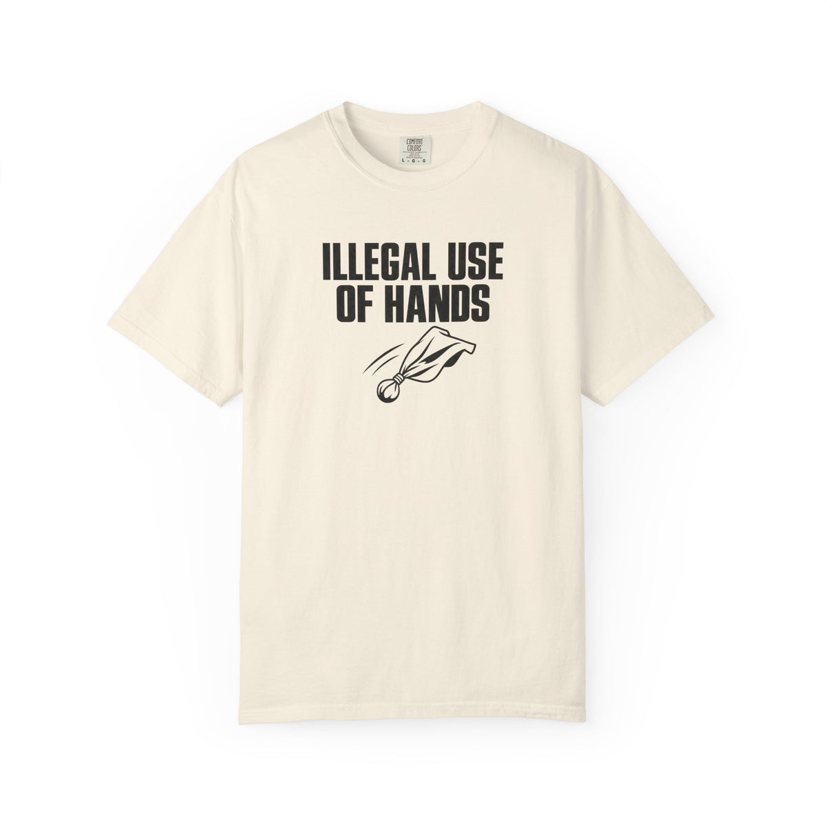 Ivory crew-neck T-shirt with 'ILLEGAL USE OF HANDS' graphic on chest.
