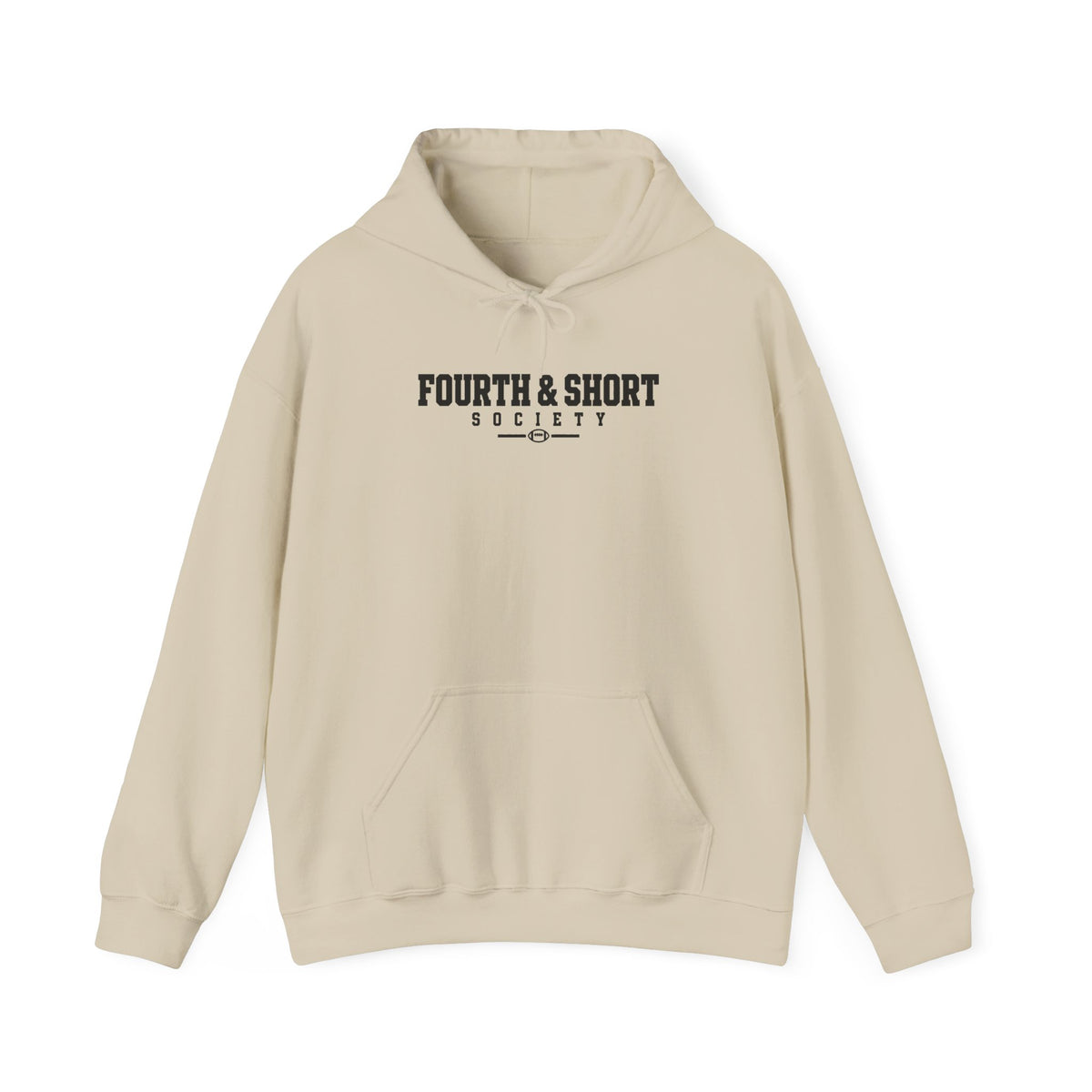Sand football hoodie with kangaroo pocket, drawstring hood, and "FOURTH & SHORT" logo
