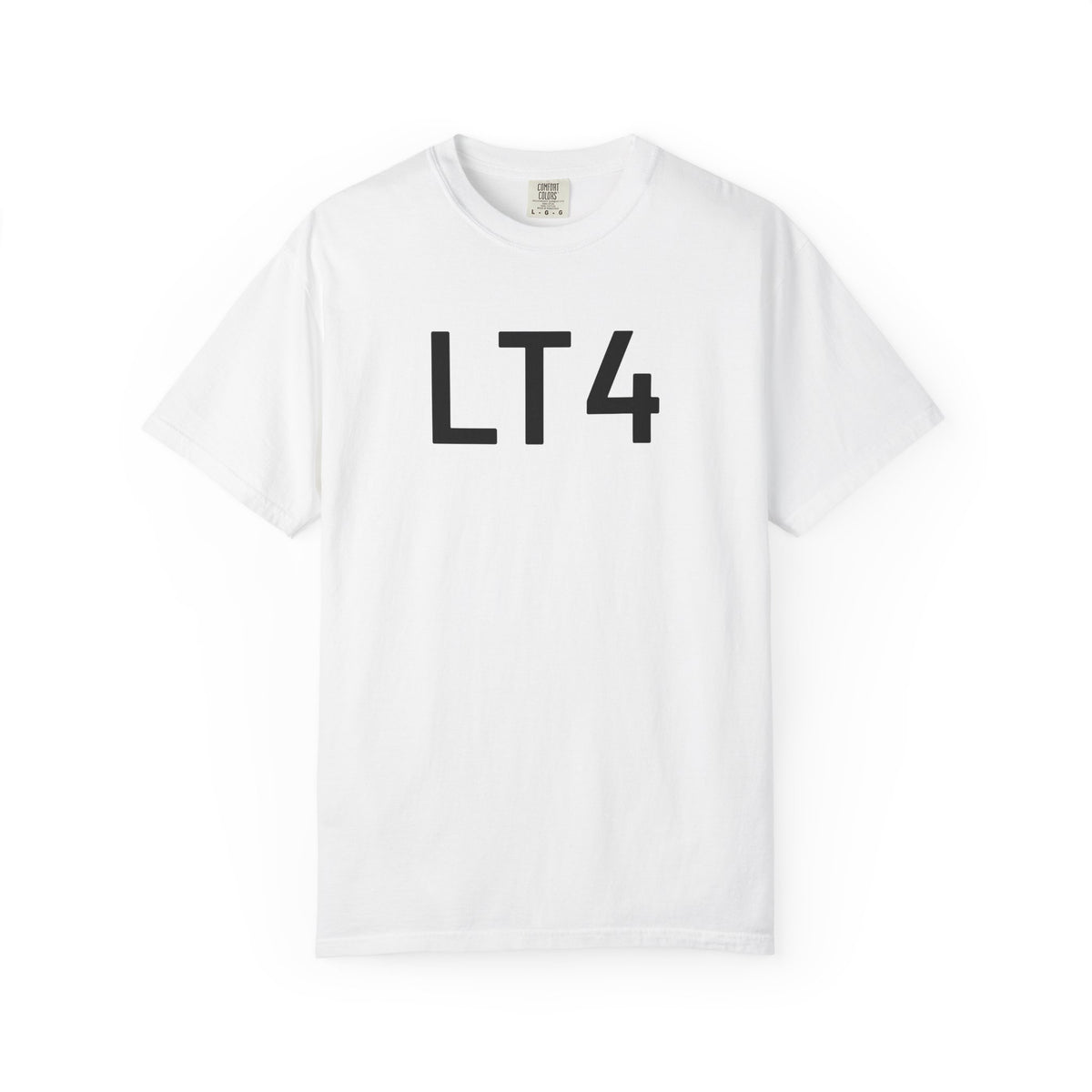 White crewneck T-shirt with large 'LT4' front print