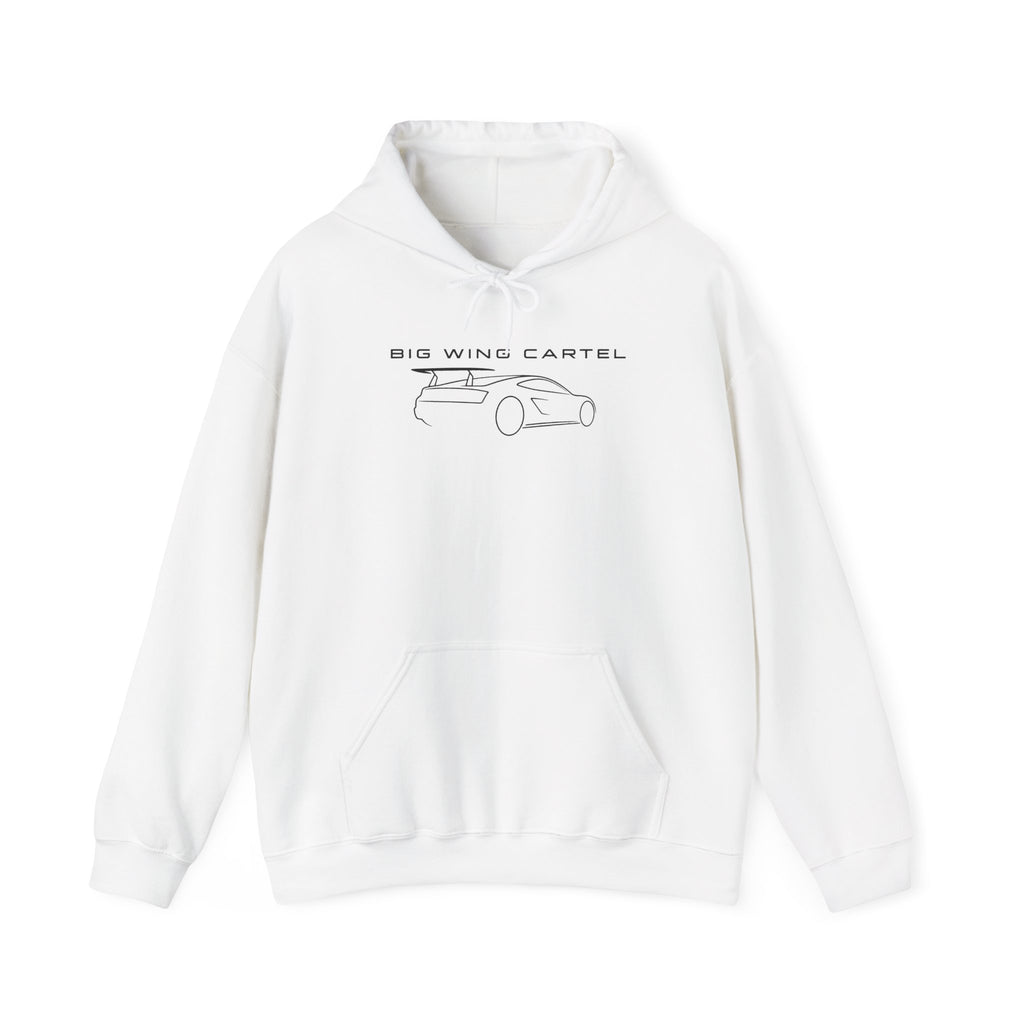 White hoodie with BIG WING CARTEL car graphic, kangaroo pocket, drawstring hood