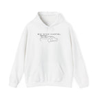 White hoodie with BIG WING CARTEL car graphic, kangaroo pocket, drawstring hood