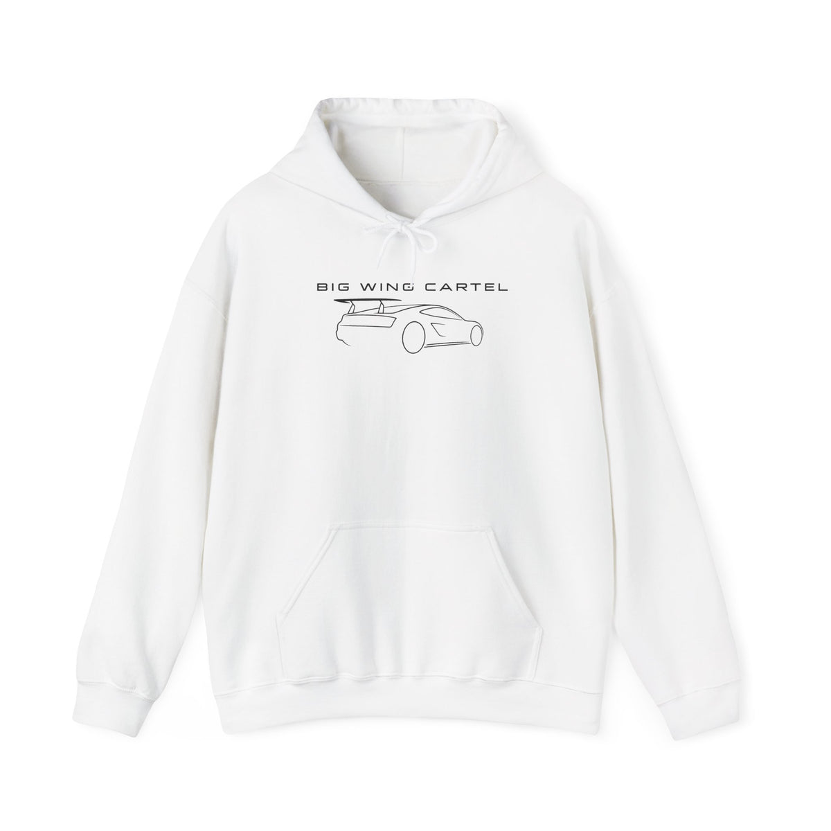 White hoodie with BIG WING CARTEL car graphic, kangaroo pocket, drawstring hood