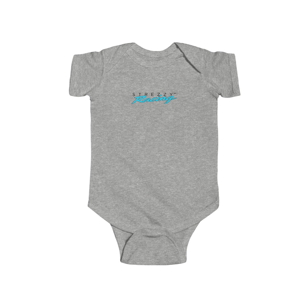Gray short-sleeve baby bodysuit with Strezzy Racing logo on chest