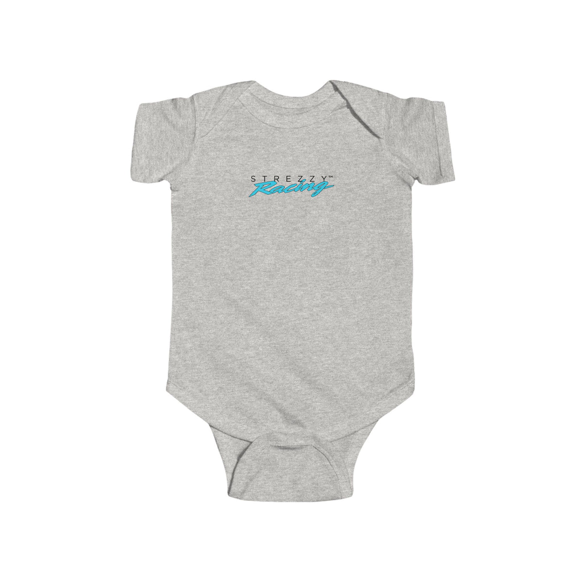 Light gray short-sleeve baby bodysuit with Strezzy Racing logo on chest