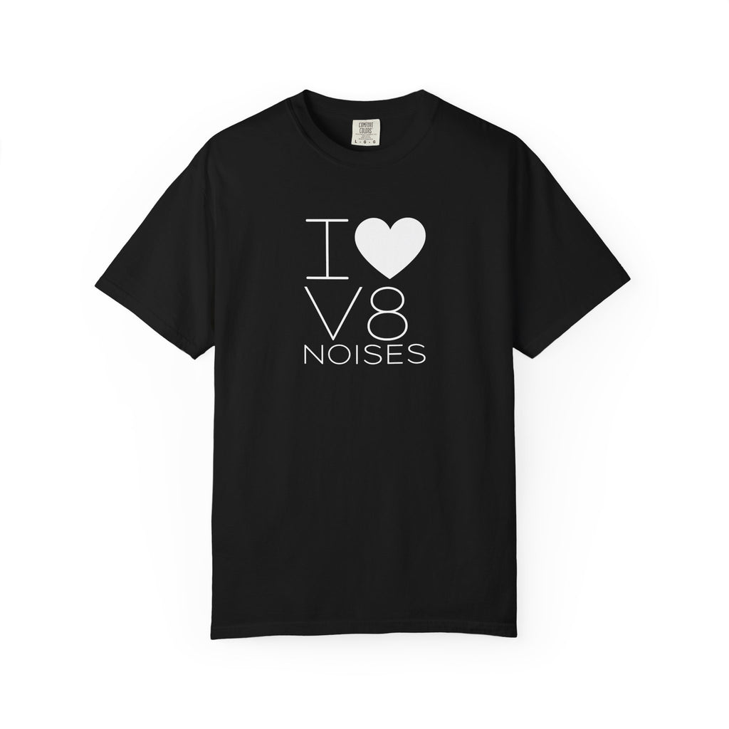 Black crewneck T-shirt with 'V8 NOISES' heart graphic on front