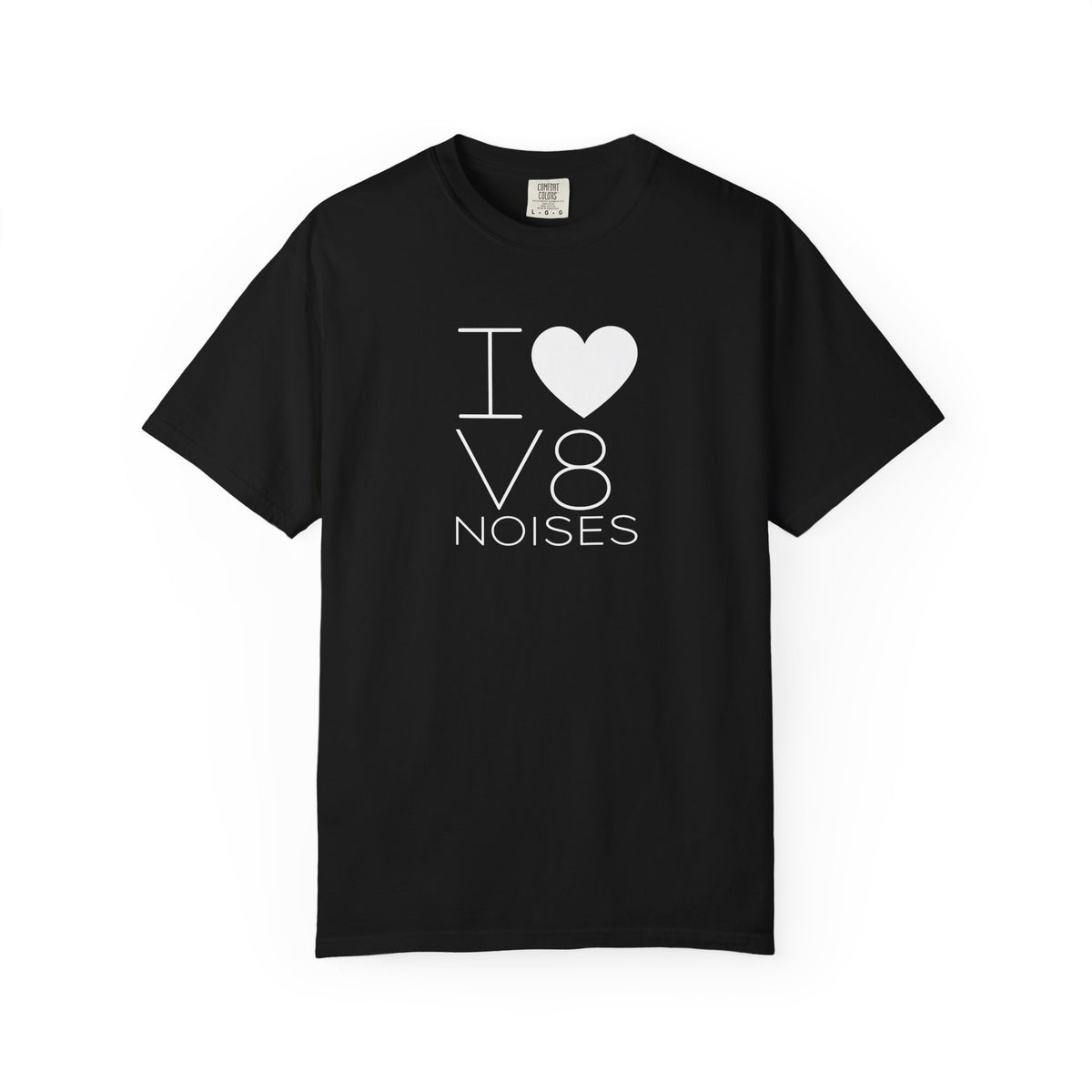 Black crewneck T-shirt with 'V8 NOISES' heart graphic on front