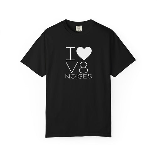 Black crewneck T-shirt with 'V8 NOISES' heart graphic on front