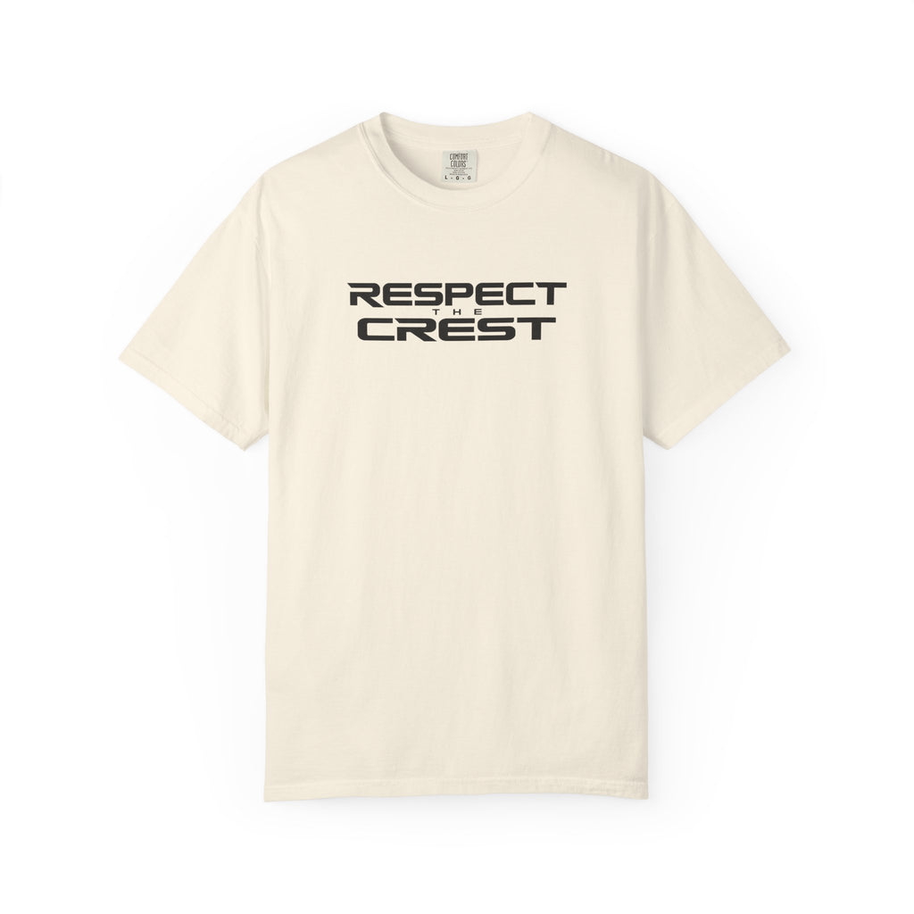 Ivory crewneck T-shirt with "RESPECT CREST" logo graphic on the front