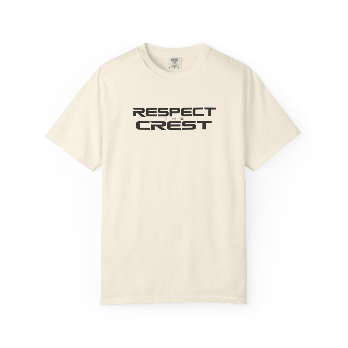 Ivory crewneck T-shirt with "RESPECT CREST" logo graphic on the front