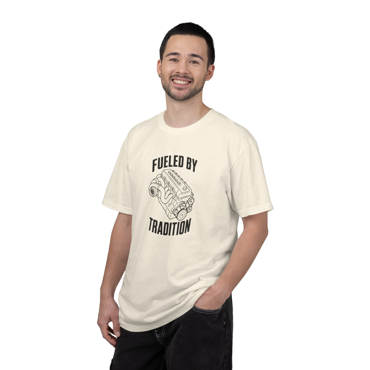 Ivory crewneck T-shirt with “Fueled by Tradition” engine graphic on front