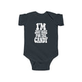 Black baby bodysuit with "I'm just here for the candy" graphic on the front
