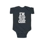 Black baby bodysuit with "I'm just here for the candy" graphic on the front