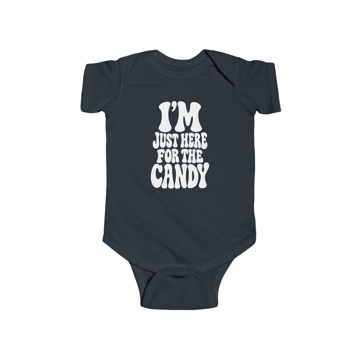 Black baby bodysuit with "I'm just here for the candy" graphic on the front