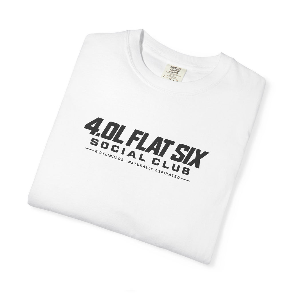 White Flat Six Social Club T-shirt with large chest graphic, folded