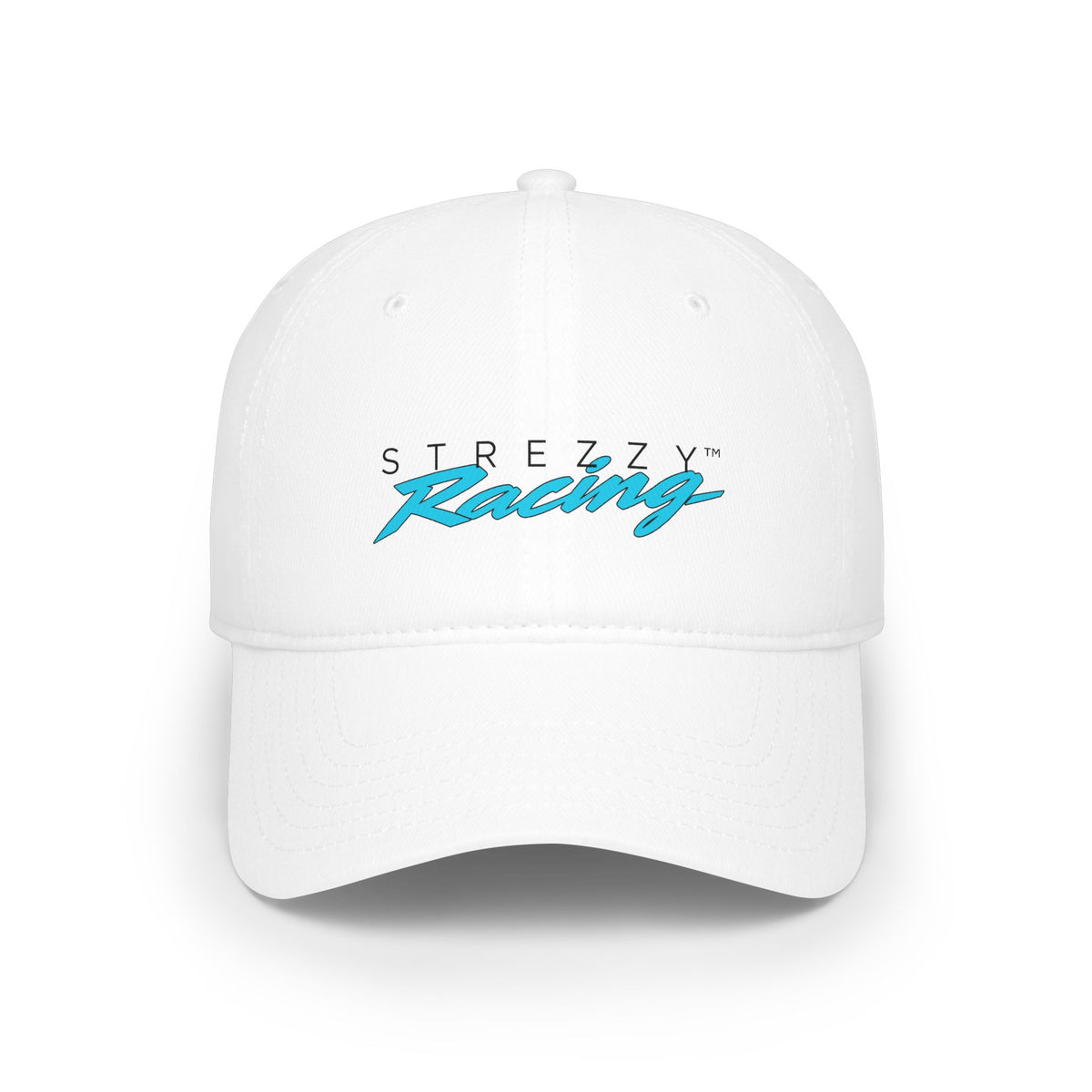 White racing cap with embroidered STREZZY Racing logo on the front panel