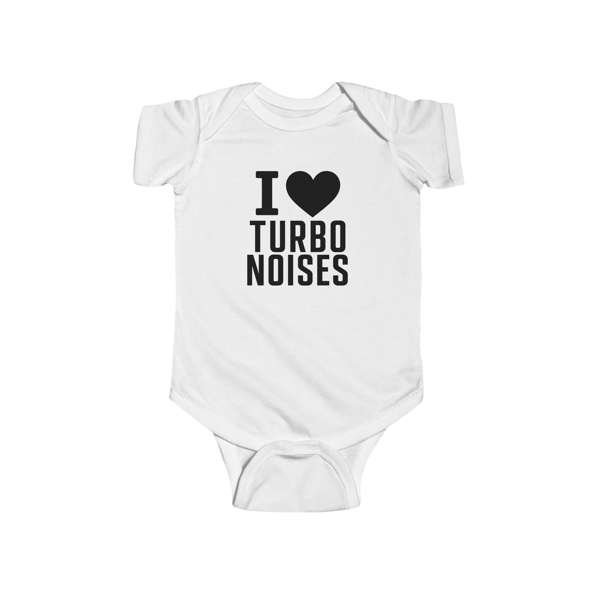 White baby bodysuit with I ♥ TURBO NOISES graphic