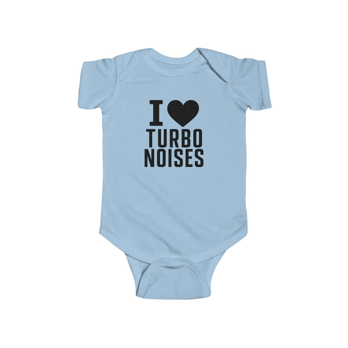 Light blue baby bodysuit with I ♥ TURBO NOISES graphic