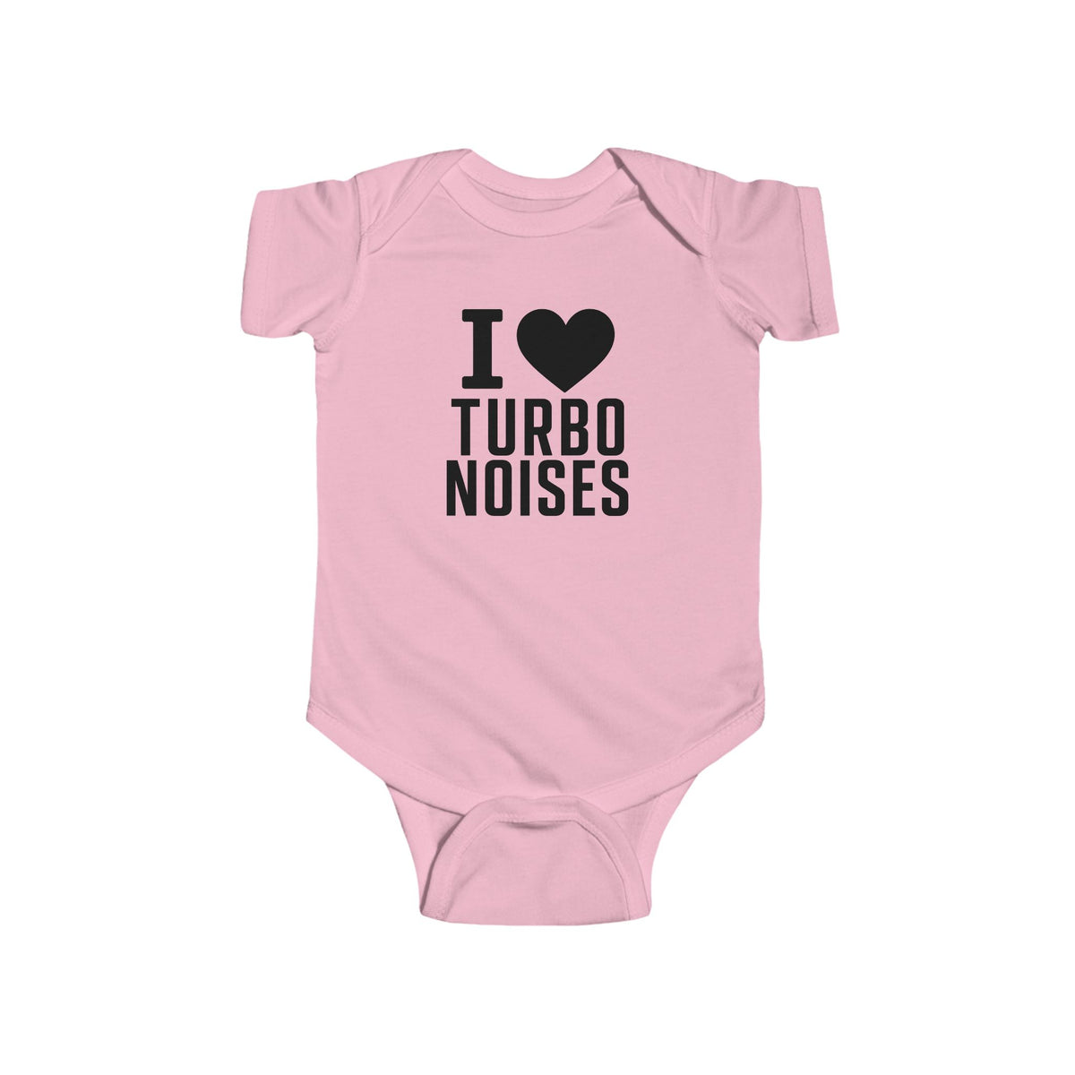 Pink baby bodysuit with I ♥ TURBO NOISES graphic