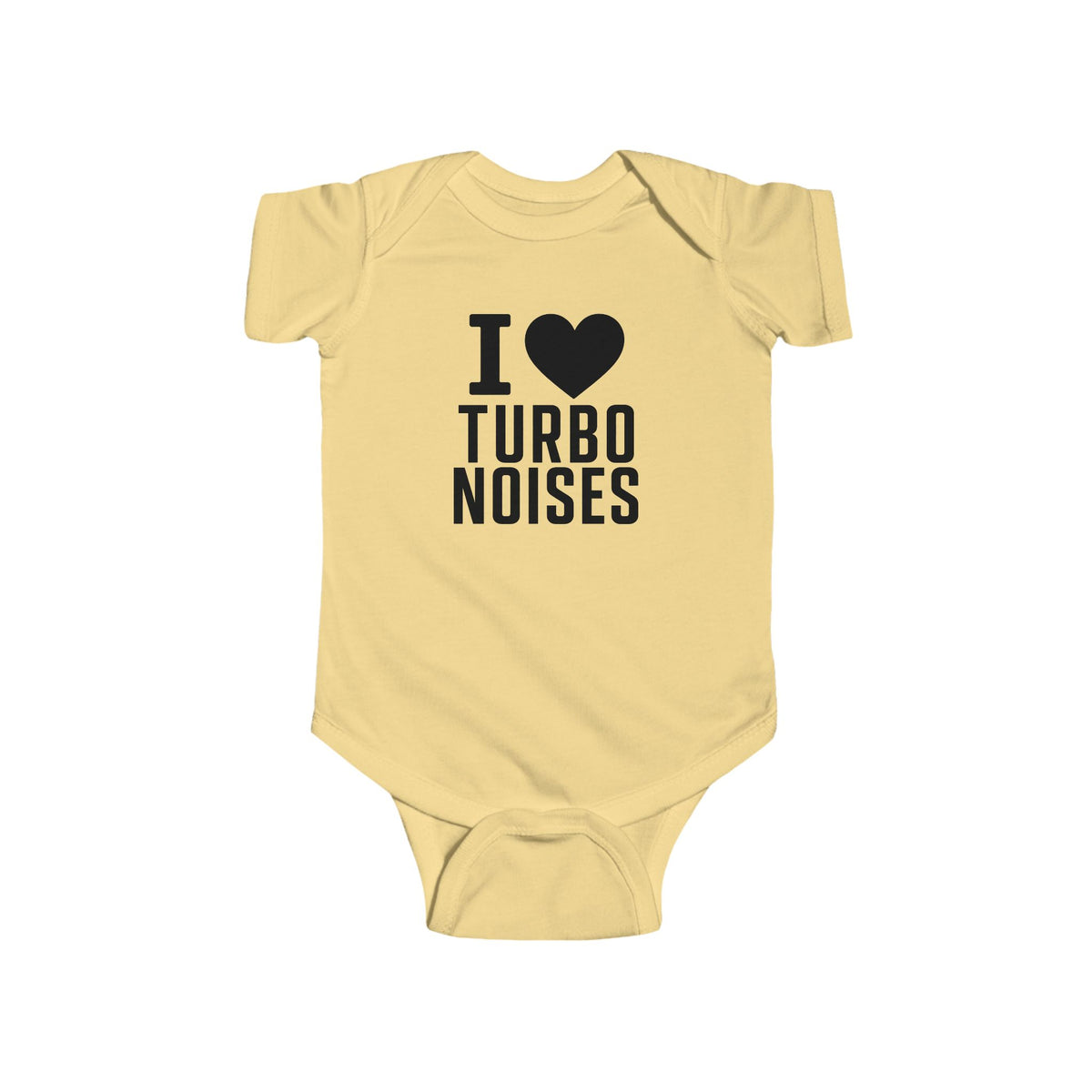 Butter yellow baby bodysuit with I ♥ TURBO NOISES graphic
