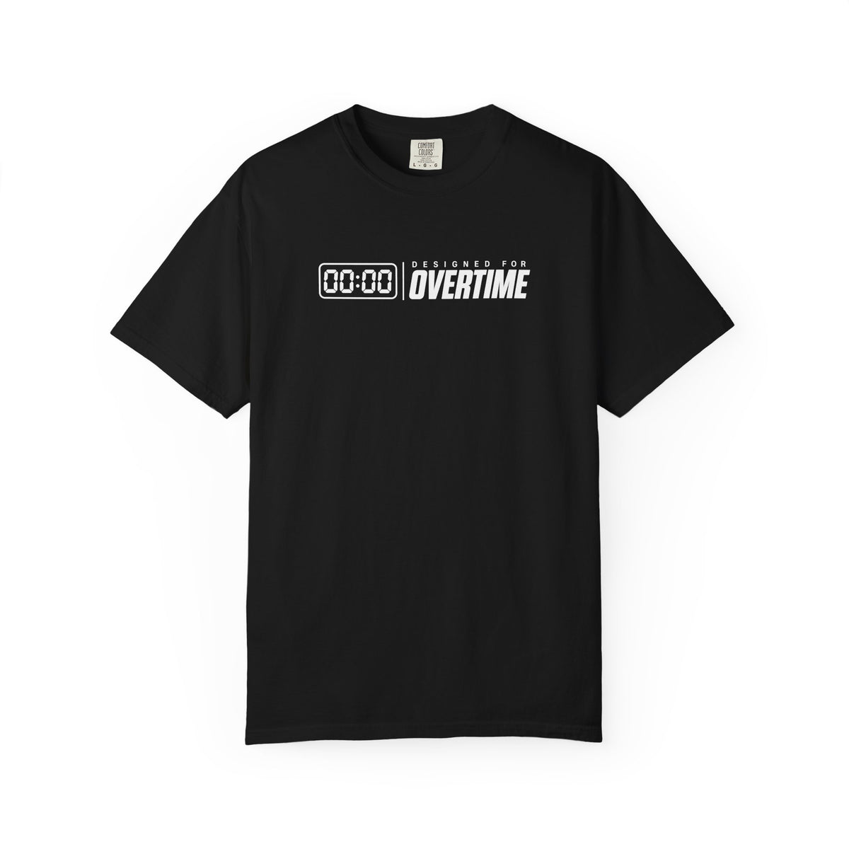 Black crew-neck graphic T-shirt with OVERTIME clock-style logo