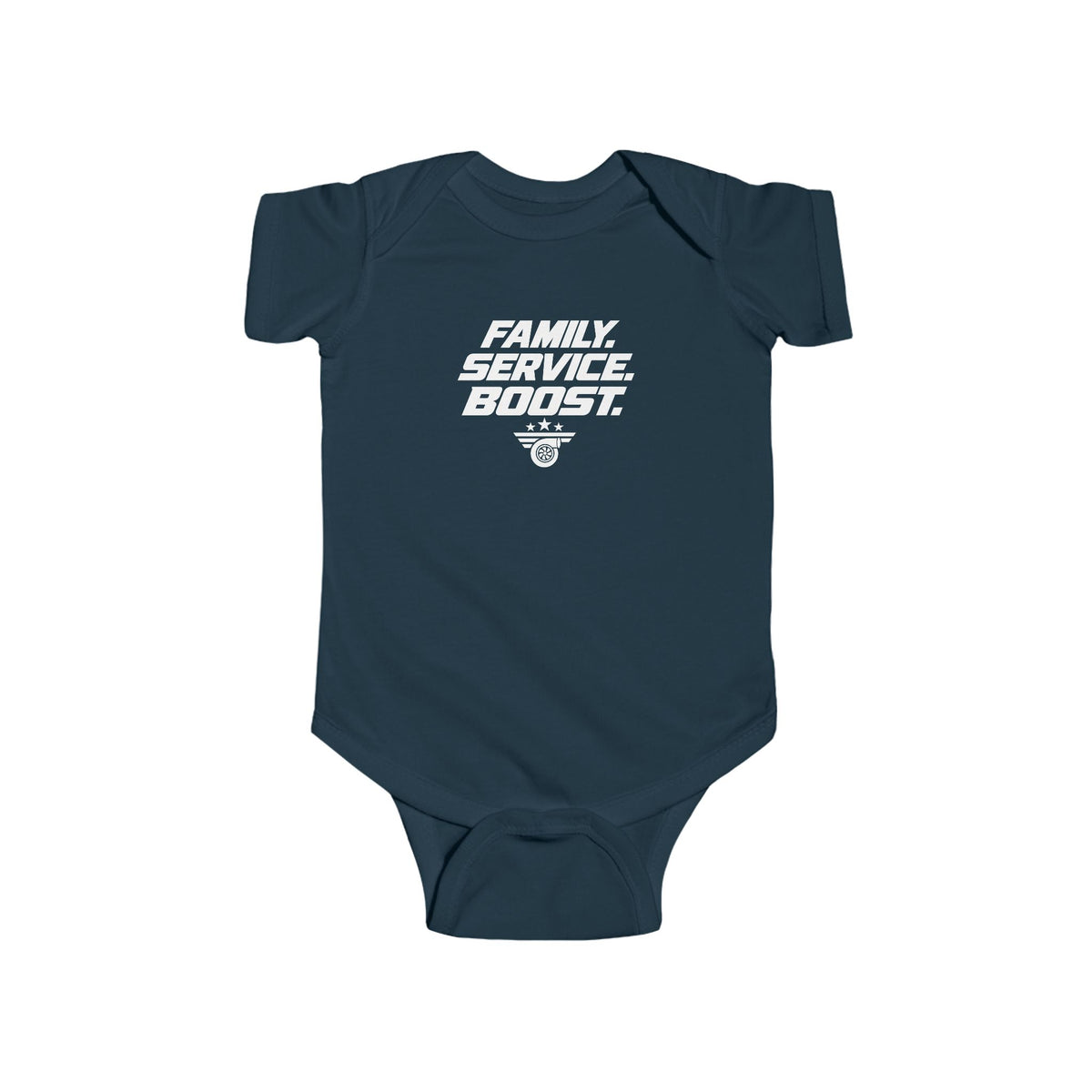 Baby bodysuit, navy blue, front graphic print