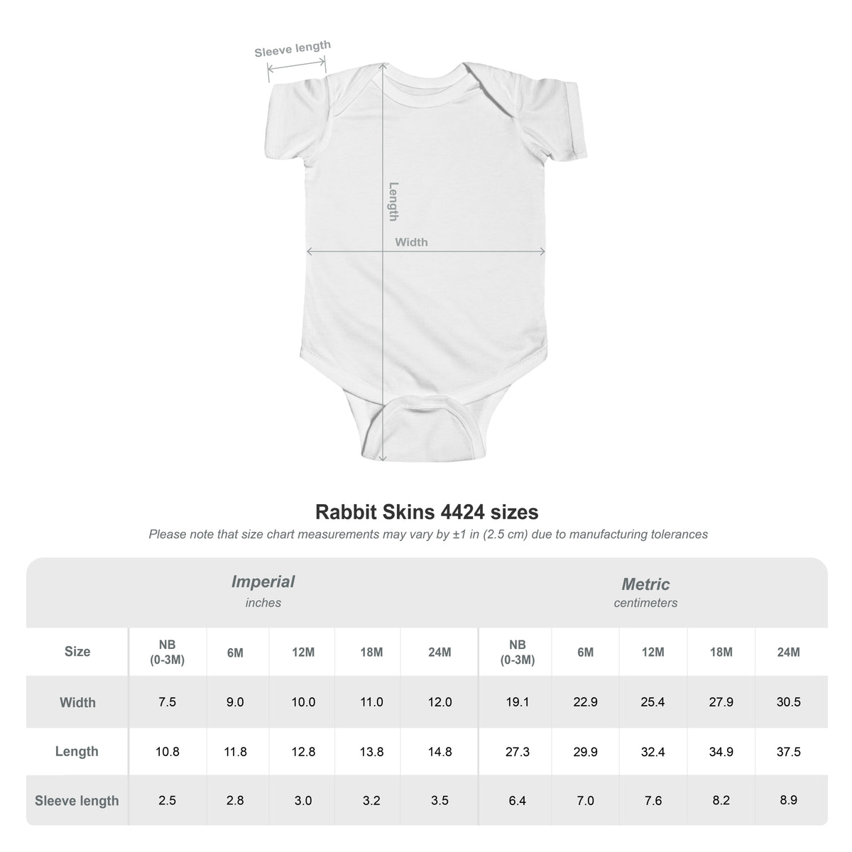 White baby bodysuit sizing chart with measurement diagram