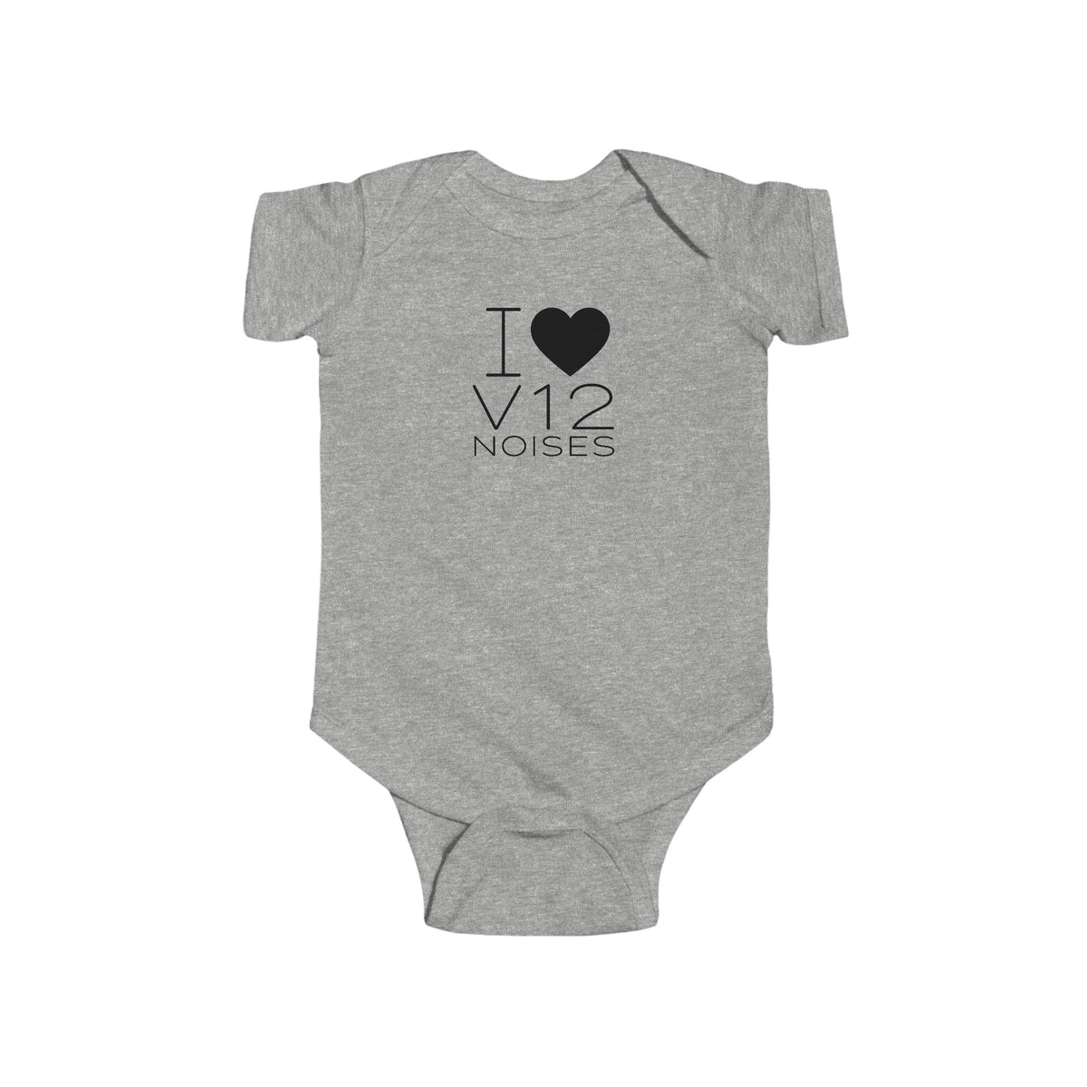 Heather gray baby bodysuit with black heart and V12 noises graphic on front