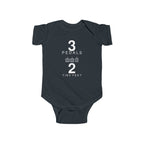 Black baby bodysuit with Three Pedals graphic on front