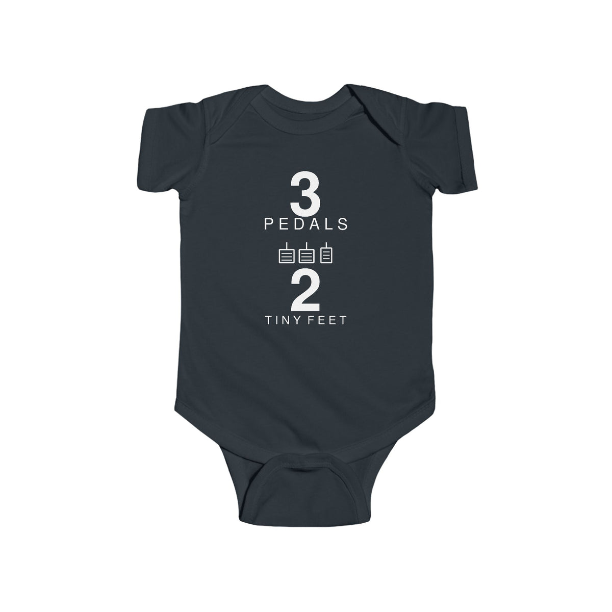 Black baby bodysuit with Three Pedals graphic on front