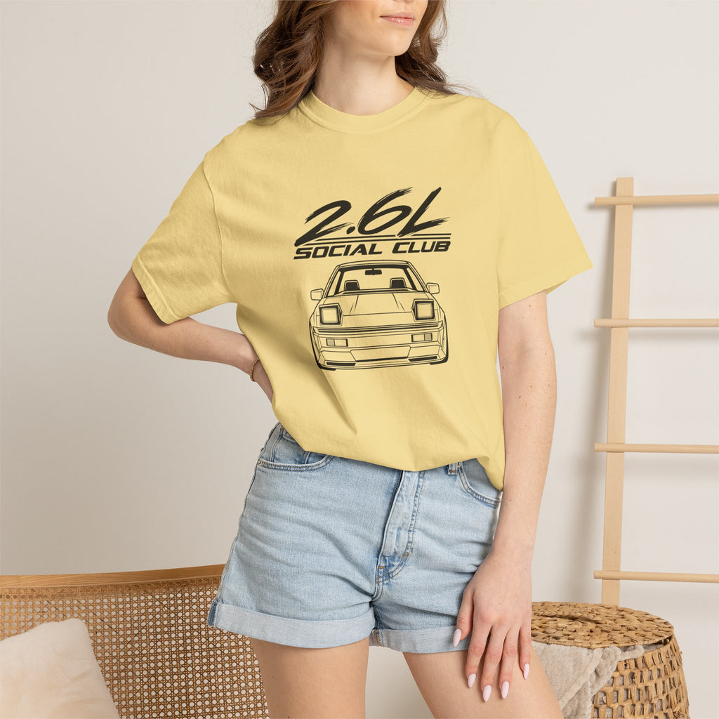 Butter yellow crew-neck T-shirt with 2.6L Social Club JDM car graphic