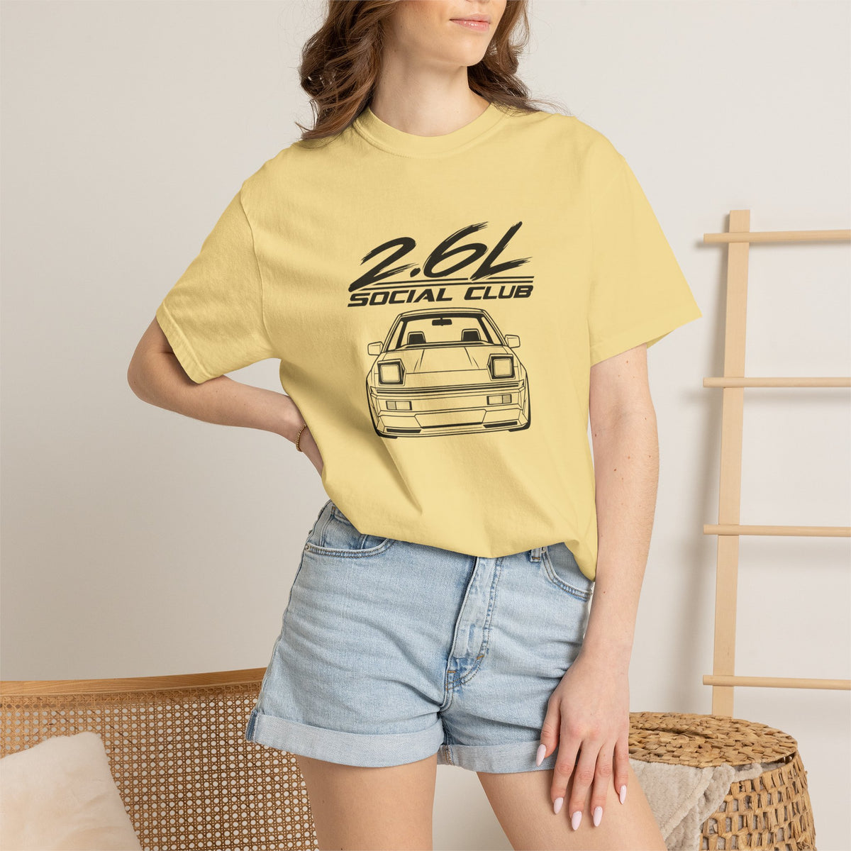 Butter yellow crew-neck T-shirt with 2.6L Social Club JDM car graphic