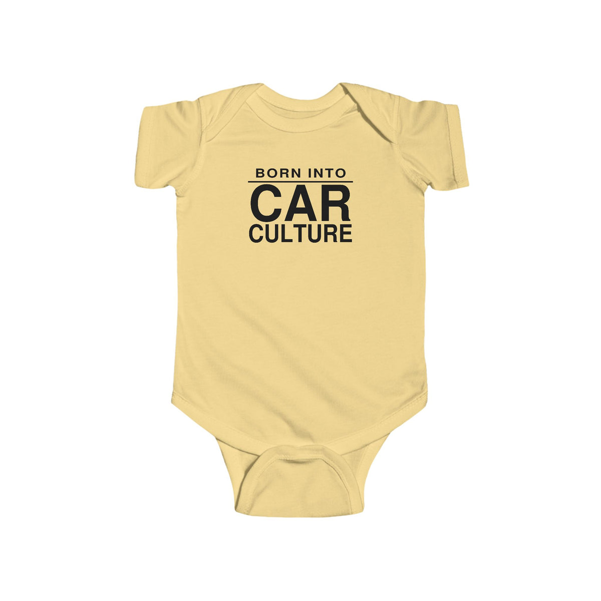 Butter yellow baby bodysuit with short sleeves and front “Born Into Car Culture” graphic
