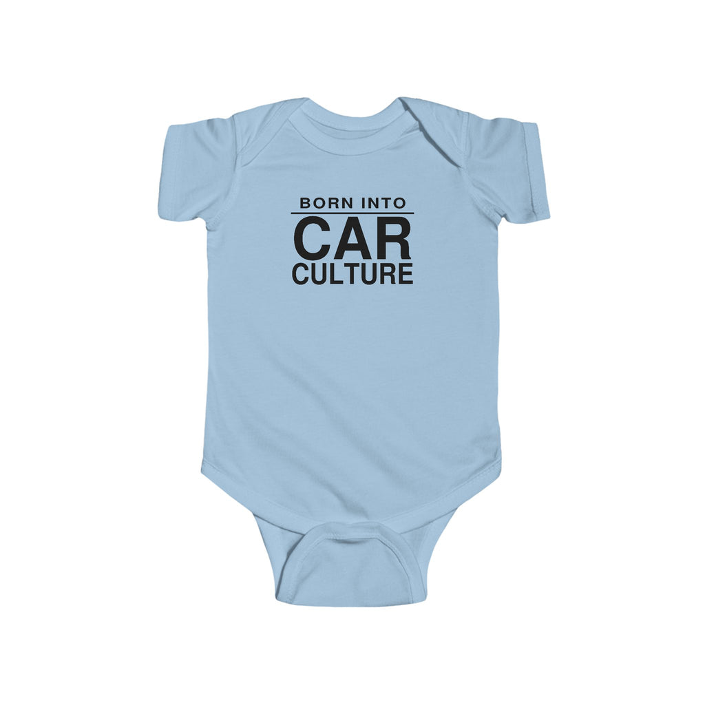 Light blue baby bodysuit with short sleeves and front “Born Into Car Culture” graphic