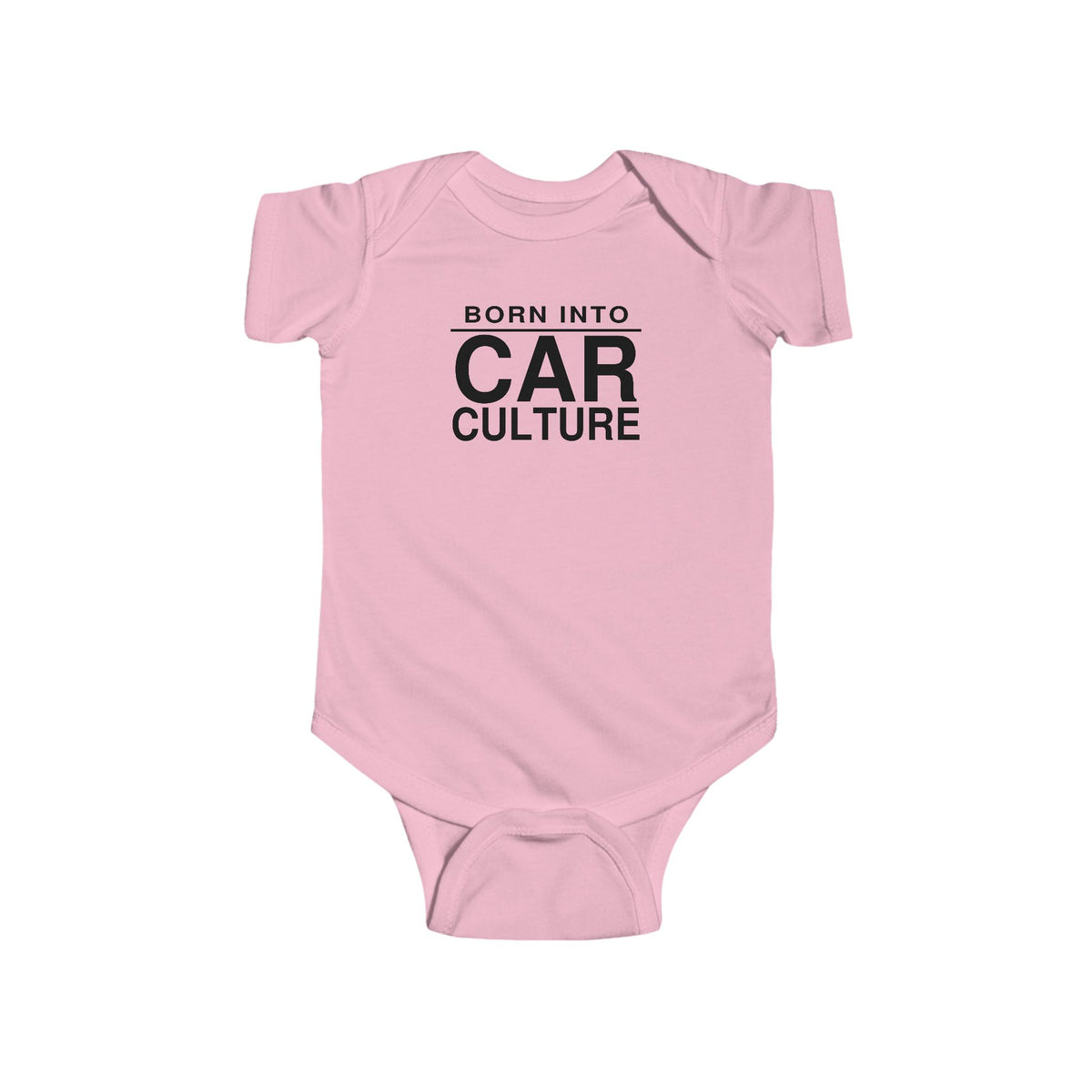 Pink baby bodysuit with short sleeves and front “Born Into Car Culture” graphic