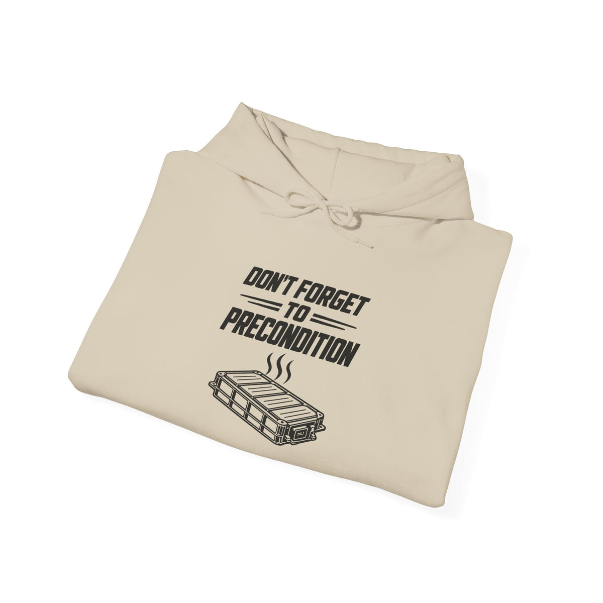 Sand-colored folded pullover hoodie with drawstring hood and EV battery graphic on chest