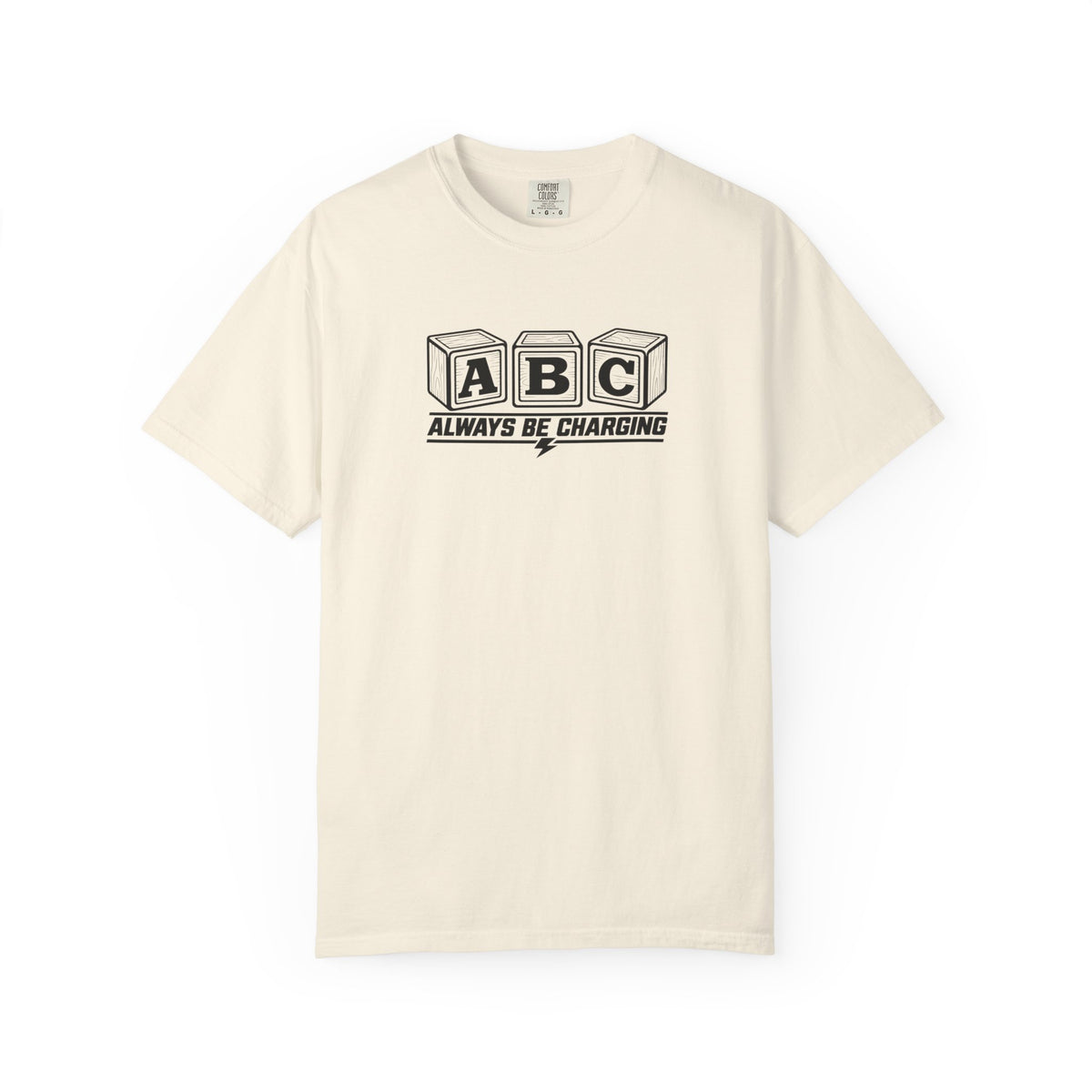 Ivory crew-neck graphic T-shirt with ABC blocks and “ALWAYS BE CHARGING” print