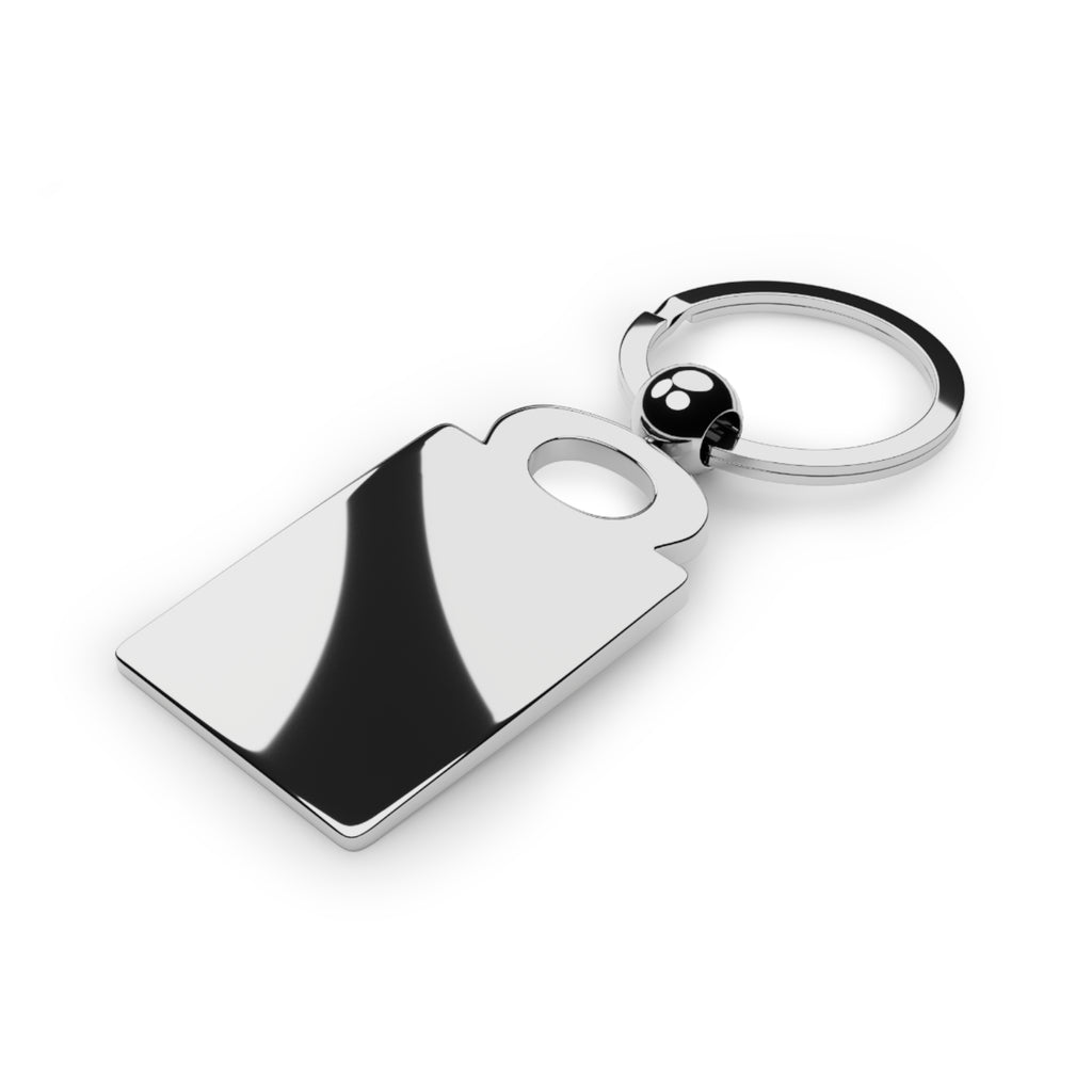 Silver keychain with black-and-silver rectangular charm and round keyring