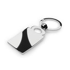 Silver keychain with black-and-silver rectangular charm and round keyring