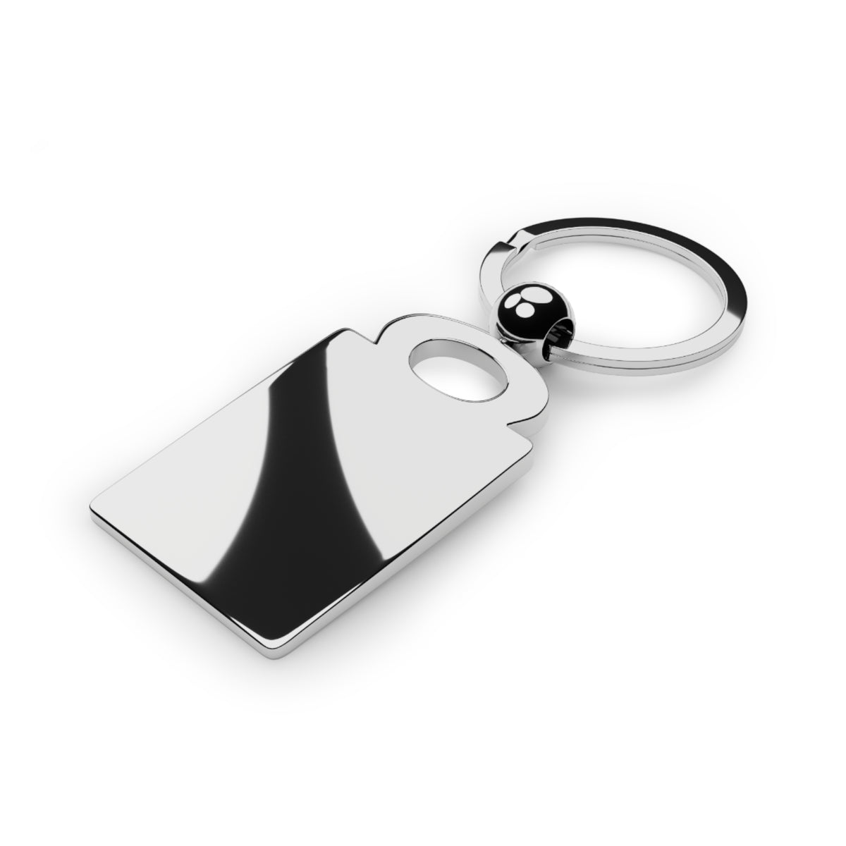 Silver keychain with black-and-silver rectangular charm and round keyring