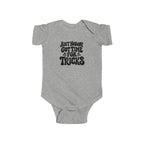 Heather gray baby bodysuit with “Ain’t nobody got time for tricks” Halloween text graphic