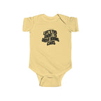 Butter yellow baby bodysuit with front car quote graphic