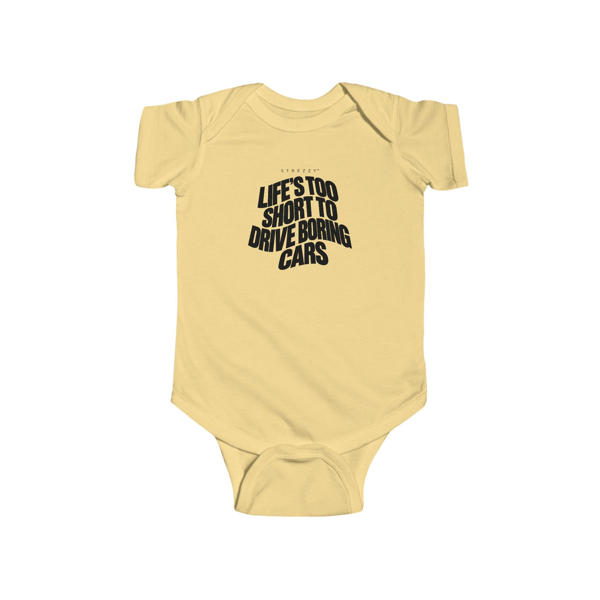 Butter yellow baby bodysuit with front car quote graphic