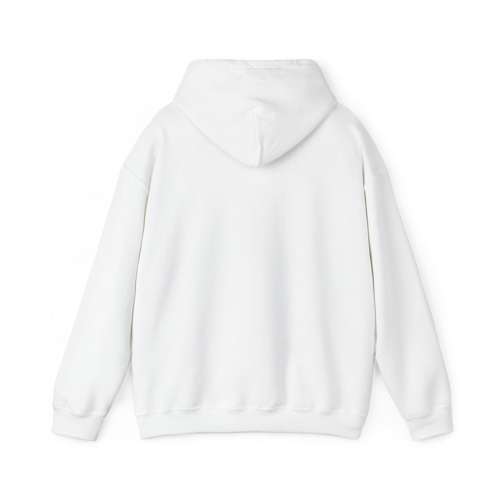 White JDM hoodie with hood and front pouch pocket, shown from the back
