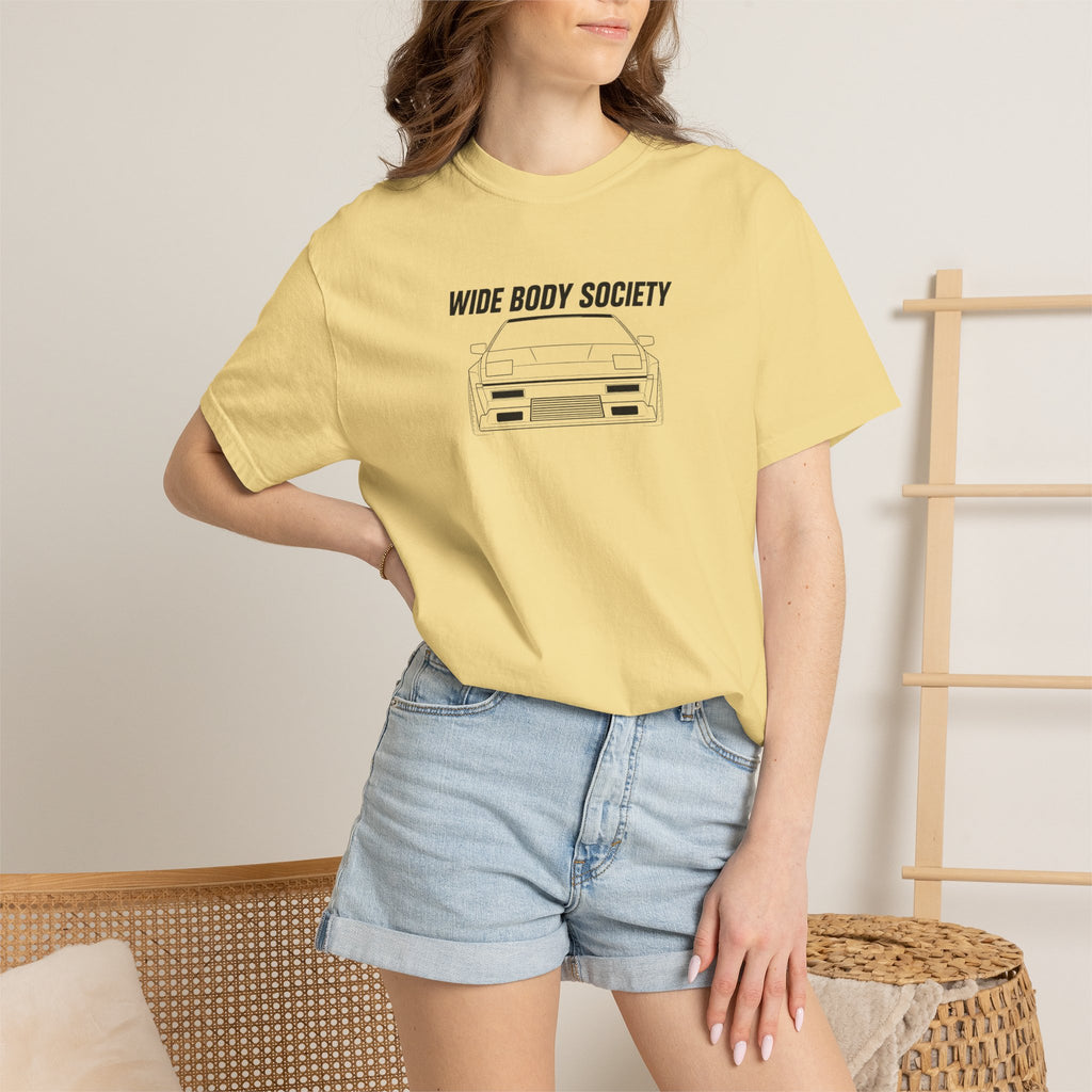 Butter yellow crewneck JDM graphic T-shirt with front car print, worn by model