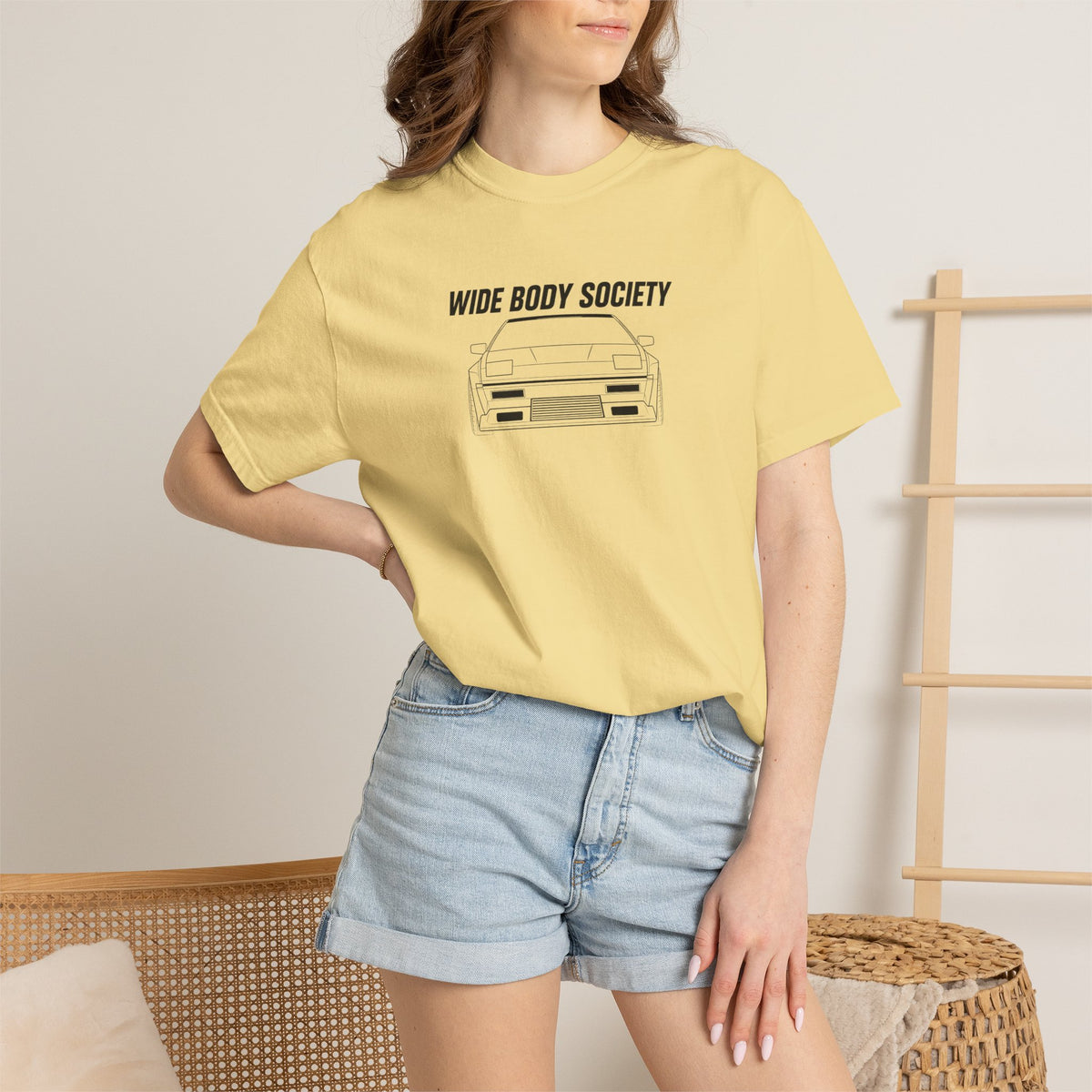 Butter yellow crewneck JDM graphic T-shirt with front car print, worn by model