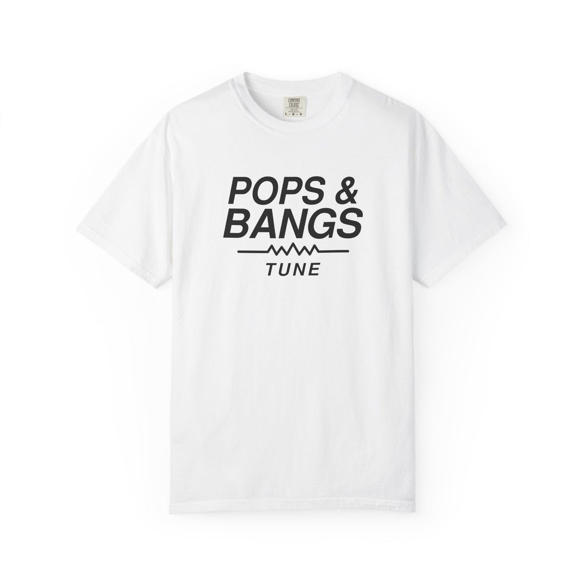 White crew-neck T-shirt with "POPS & BANGS" "TUNE" graphic on the front